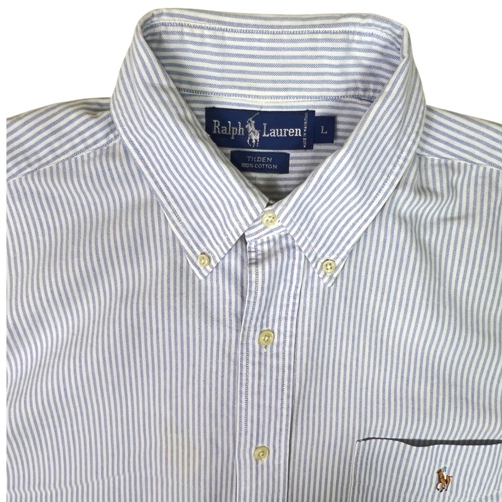 Ralph Lauren Tilden Men Large Blue White Striped Cotton Button Down Pebble Beach